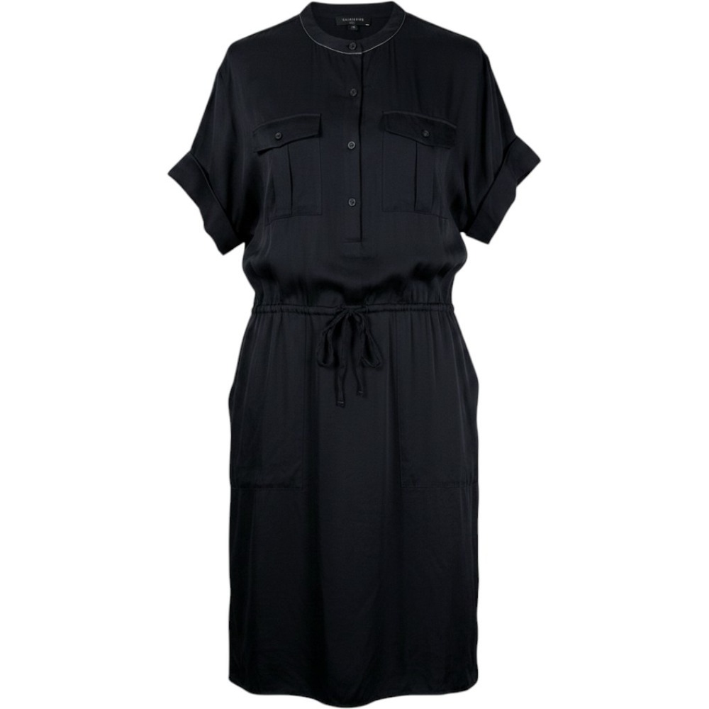 Lafayette 148 Short Sleeve Drawstring Shirt Dress Flap Pockets Navy Blue Size M